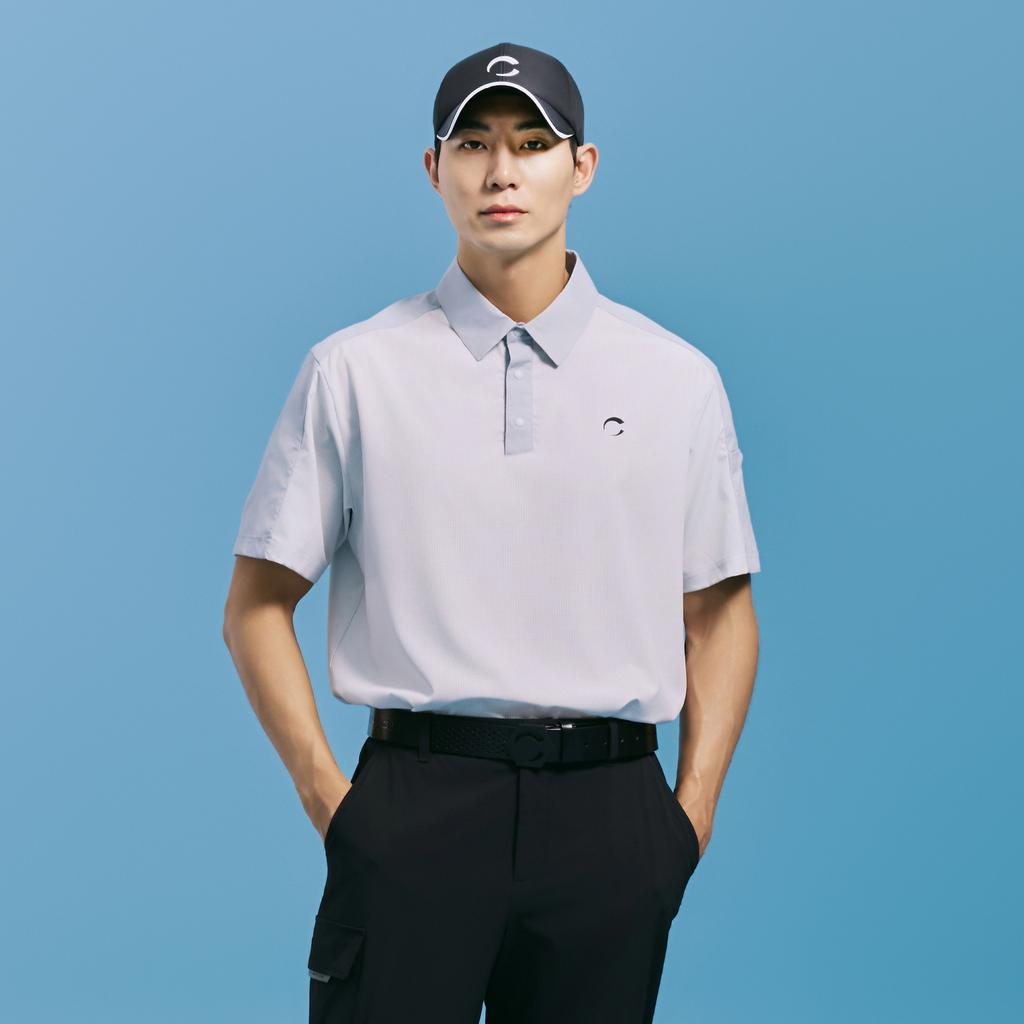 CHALLENGER Men'S Airhole Woven Mix Collared Short Sleeve Woven Top Light Grey