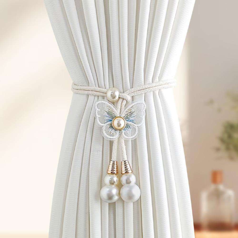 2PCS Adjustable Butterfly Curtain Tiebacks Curtain Holder Decorative Pearl Curtain Buckle Artificial Pearl Curtains Tie Rope