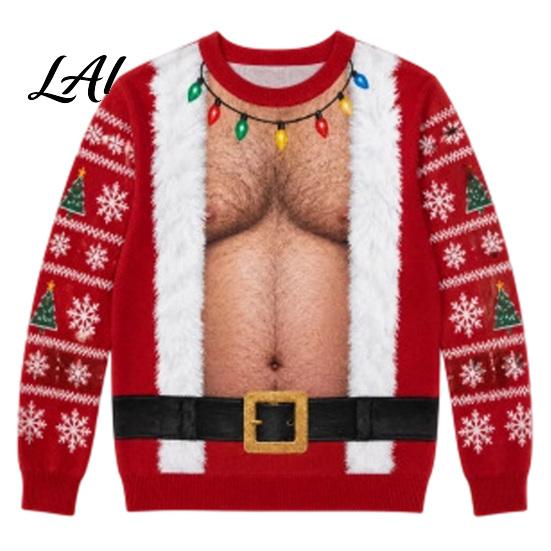 Relaxed Fit Holiday Shirt for Men Christmas 3D Printed Ugly Knitted Tops Funny Fake Hairy Festive Graphic Pullover Winter Wear Chest Sweater,
