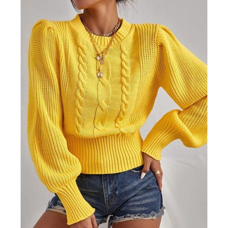 Autumn and Winter Solid Loose Knitwear Pullover Women Fashion New Round Neck Knitted Sweater Woman Vintage Lantern Sleeve Twists Sweaters 24592