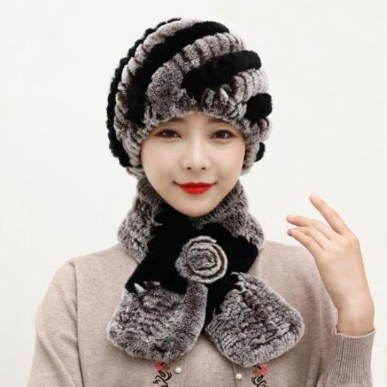 Winter Knitted Natural Fur Hats Scarves Sets Women Warm Real Rex Rabbit Fur Hat Scarf Lady Fashion Thick Rex Rabbit Fur Hat