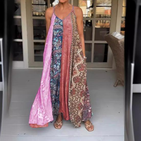 Летнее платье-комбинация с открытой спиной и без рукавов, свободный размер, трапециевидной формы, соответствующего цвета, плюс богемный принт, V-образный вырез, отпуск