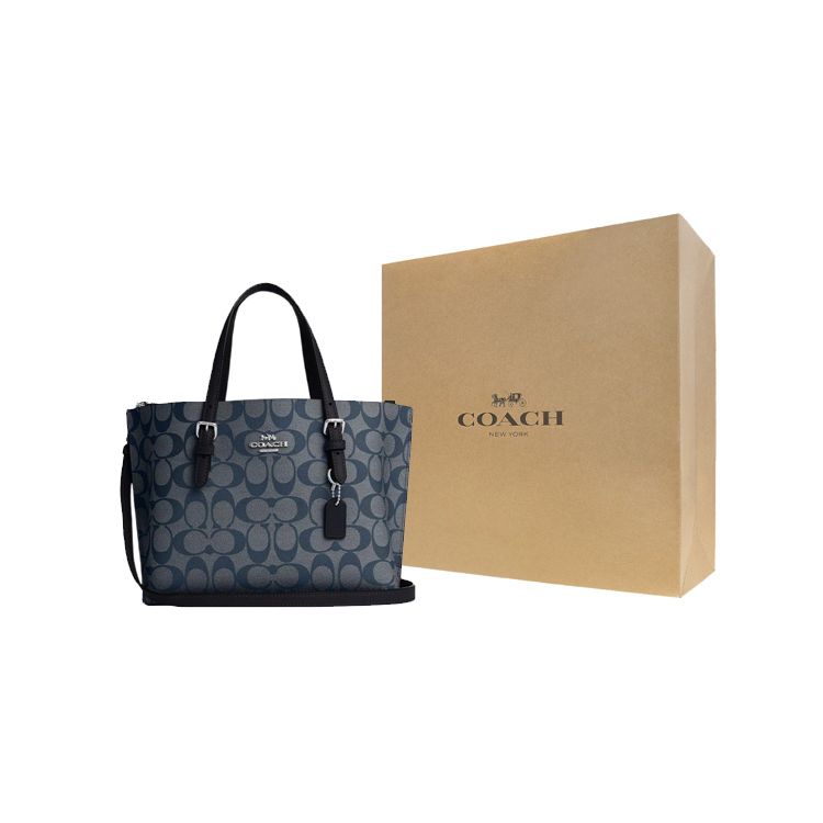 Coach Mollie Classic Monogram Сумка-тоут на молнии из покрытого холста и кожи Женская сумка-тоут Серебристый Темно-синий C4250-SVN2V