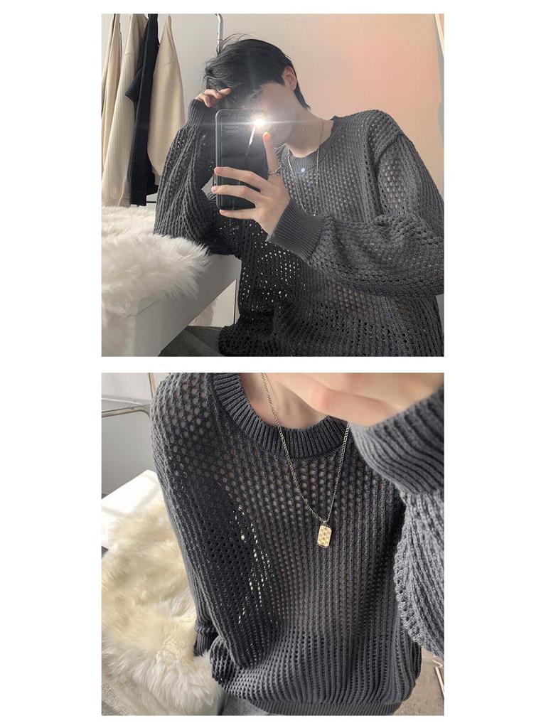 Men's Summer Thin Grid T-Shirt: Trendy Hong Kong Style, Hollow Knit, Long Sleeve, Round Neck Cover-Up