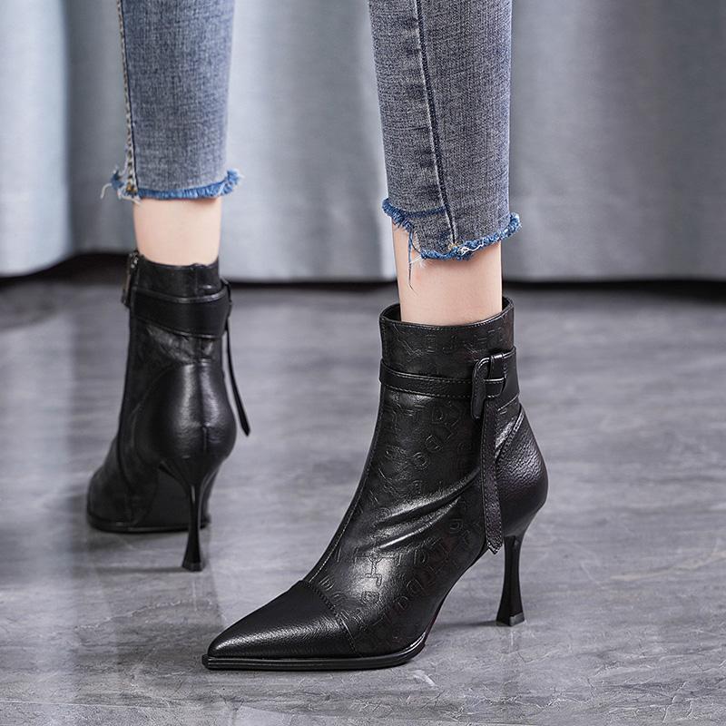 Fashion Woman Short Shoes Heeled Fur Very High Heels Leather Punk Style Booties Pointed Toe Combat Ankle Boots for Women Quality Autumn