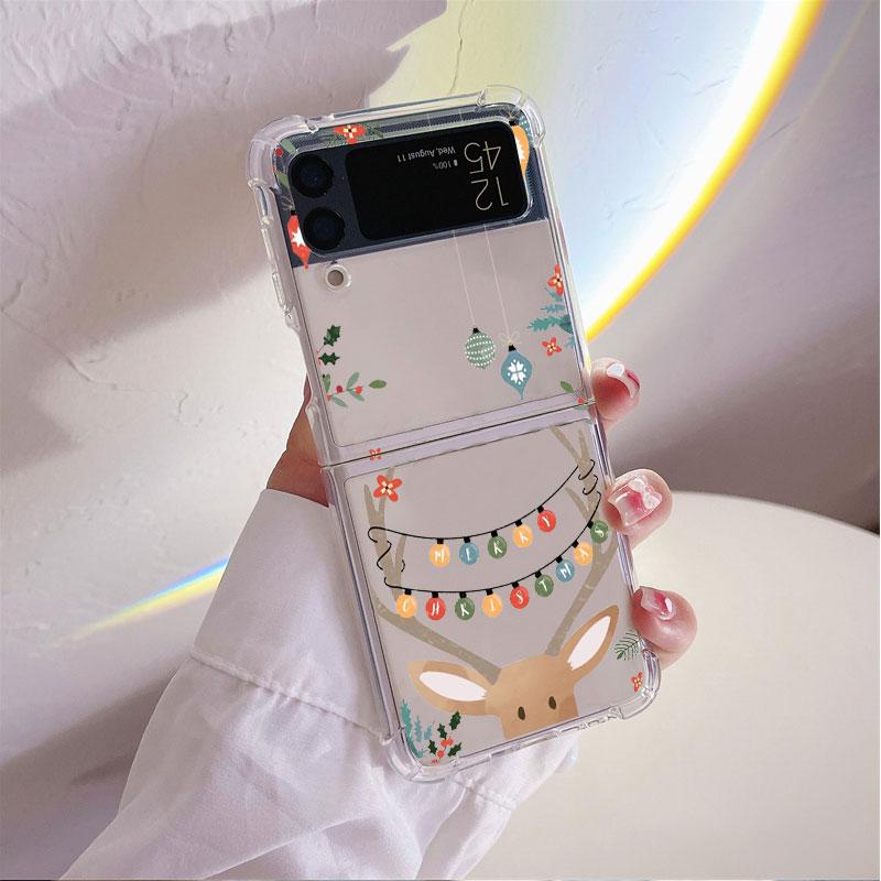 Рождественские Новогодние Подарки Лось Снег Чехол для Samsung Galaxy Z Flip 4 Z Flip 3 5G ZFlip4 ZFlip3 Flip4 Flip3 Прозрачный ТПУ Чехол