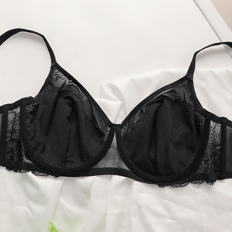 French Sexy Big Breasts Small Anti-sagging Large Size Underwear Thin Satin Splicing Lace Bra