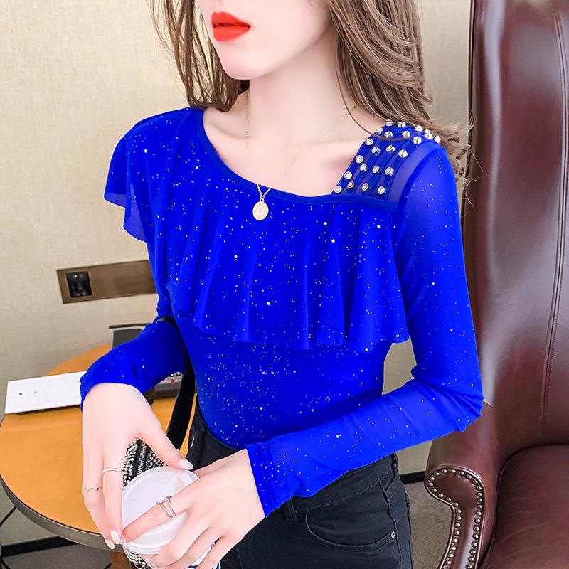 Autumn Mesh Long-Sleeve Top with Ruffles and Beaded Irregular Collar & Straps