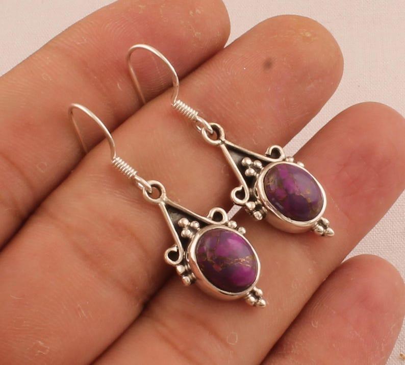Solid 925 Sterling Silver Purple Copper Turquoise gemstone Earrings handmade Jewelry Boho Earrings