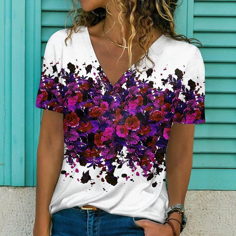 Футболка с цветочным принтом и блестками, 3D принт, новая женская футболка с v-образным вырезом и короткими рукавами, топы Y2k, уличная одежда, большие футболки в стиле Харадзюку, женская одежда