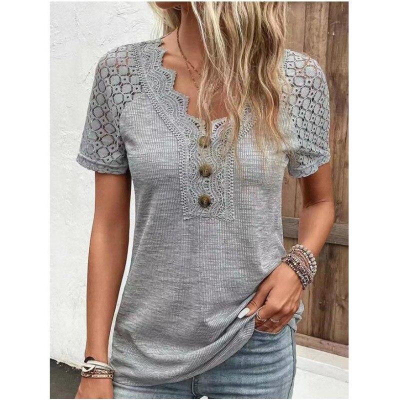 Лето 2023, футболки с v-образным вырезом, женская кружевная свободная футболка, повседневная однотонная футболка, удобная футболка с коротким рукавом 28315