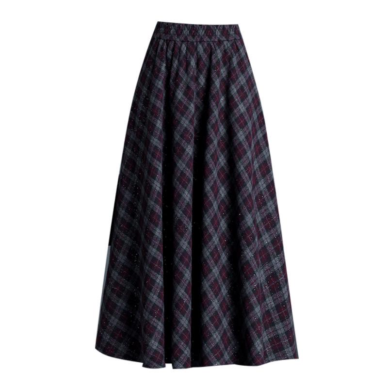 Plaid Drapey A-line Elastic Waist Pleated Midi Skirt - 2025 Winter Slimming Edition