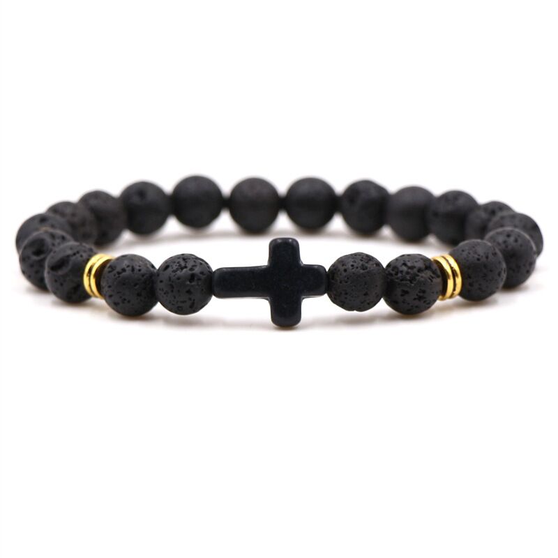 8MM Bright Frosted Stone Cross Bracelet Muticolor Beads Bangle for Women Men Fashion Pray Bracelets Jewelry Elastic Rope