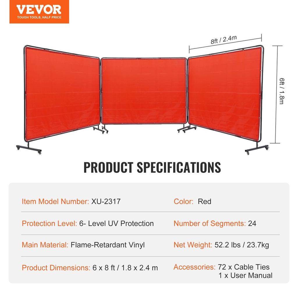 Welding Screen with Frame, 6' x 8' 3 Panel Welding Curtain Screens, Flame-Resistant Vinyl Welding Protection Screen on 12 Swivel Wheels (6 Lockable),