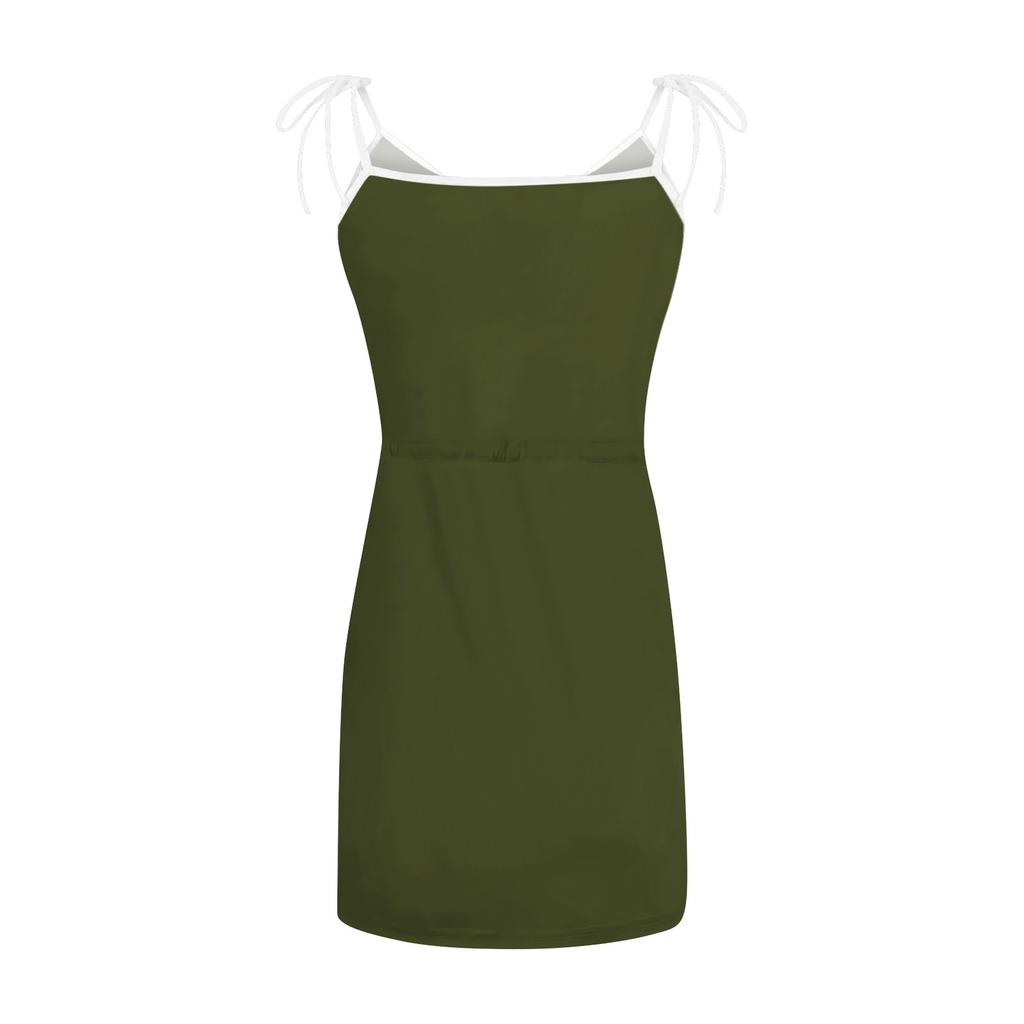 Women's Summer Solid Colour Loose Suspenders Pockets Patchwork Drawstring V-Neck Dresses