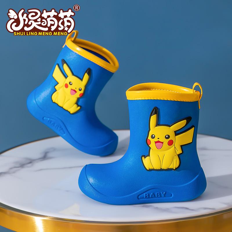 Pikachu Children's Rain Boots Boys Baby Non-Slip Fleece-Lined Warm Rain Boots Girls Toddler Kids Lightweight Waterproof Shoes
