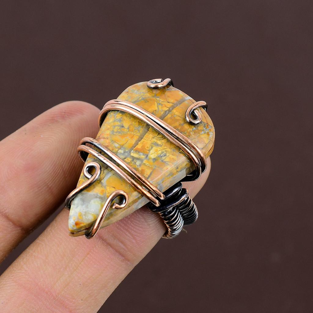 Кольцо из медной проволоки ручной работы с натуральным драгоценным камнем яшма шмеля, размер 7 L2N92