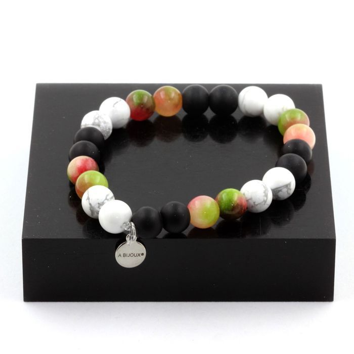 Stones and Minerals. Watermelon Tourmaline Pearl Bracelet + Howlite + Matte Black Onyx 8 Mm. Made In France.