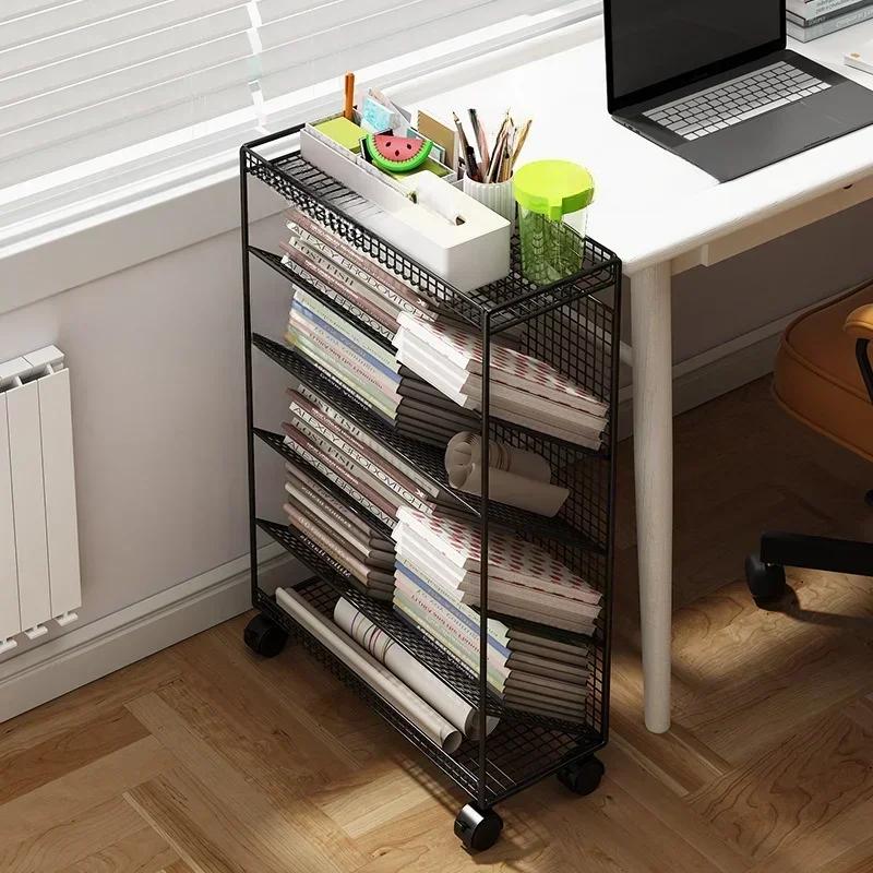 Large Bookshelf Library Cart Mobile Book Storage Shelf Metal Bookcase Holder Office Desk Document Storage Rack Kidroom Organizer
