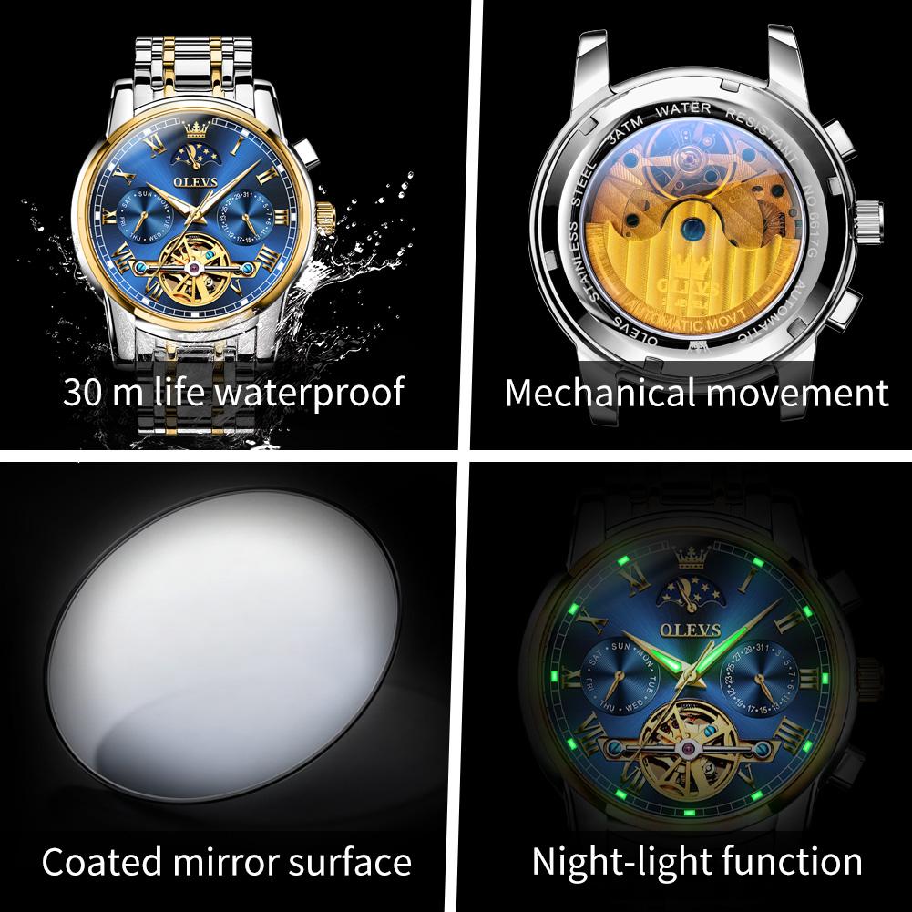 OLEVS Watches For Man Moon Phase Luxury Stainess Steel Flywheel Mechanical Hand Clock Date Waterproof Luminous Man Watch 6617