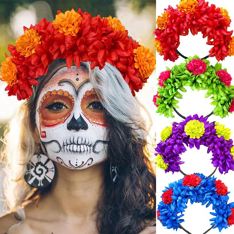 1Pc Day Of The Dead Artificial Marigold Hair Band Faux Chrysanthemum Headband Halloween Festival Party Flower Crown For Women