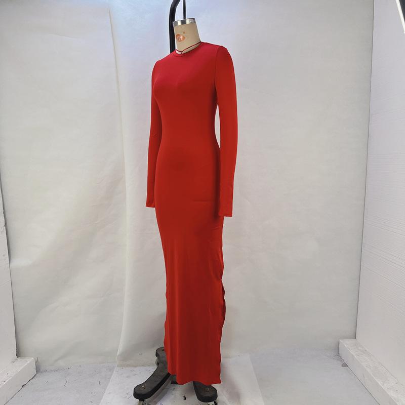 Женские однотонные платья с длинным рукавом и разрезом на бедрах