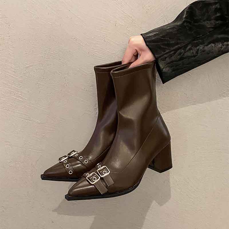 Женские короткие ботинки на остром толстом каблуке, новые осенне-зимние эластичные тонкие ботинки в стиле ретро на высоком каблуке и ботильоны, модные ботинки Мартин