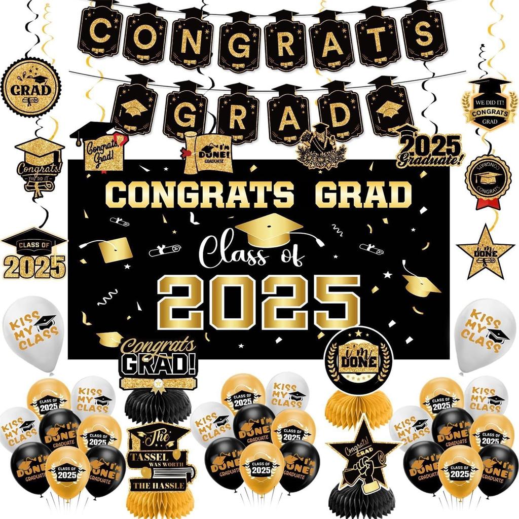 Graduation Decorations Blue Themed Set - Congrats Grad Banner, Class Of 2025 , Balloons & Streamers Kit - Complete Party Supplies For High School &