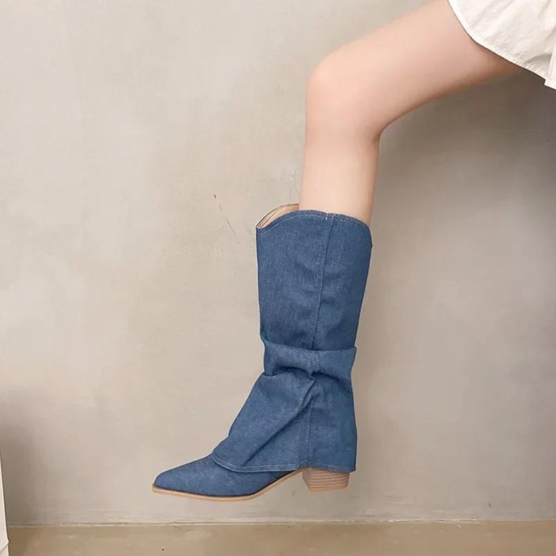 Fashion Luxury Designer Brand Pointed Cowboy Single Boots Women's Four Seasons Sleeve Non-Slip Wear-Resistant Square Heel Mid-Cone Boot