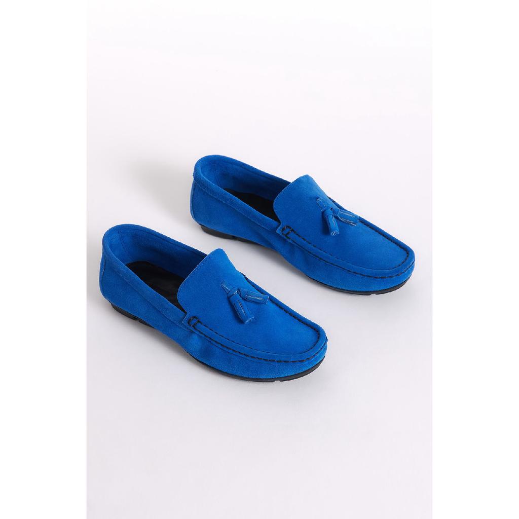 Мужские замшевые лоферы из натуральной кожи синего цвета с кисточками спереди