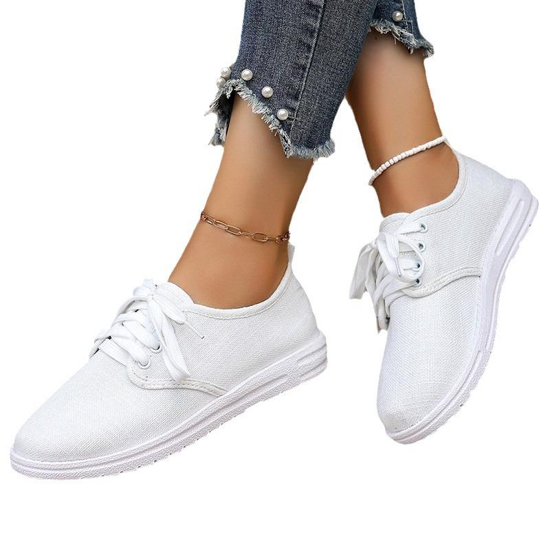 2024 осень новые одинарные туфли повседневные парусиновые туфли на шнуровке с круглым носком и плоской подошвой белые туфли большого размера спортивная обувь