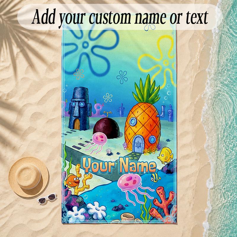Beach TowelSpongeBob Custom Name Text Personalized Soft Towel for Beach Pool Indoor Home Decor Gift
