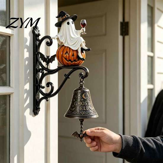 Illuminated Porch Hanging Halloween Light Up Ghost Pumpkin Doorbell, Vintage Resin Wall Bell with Spooky Yard Accessories Warm Glowing, Battery