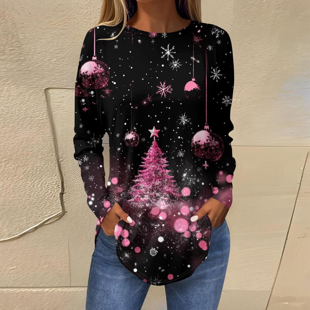 Женская свободная футболка с круглым вырезом и длинными рукавами с принтом в стиле ретро, пуловер на Рождество