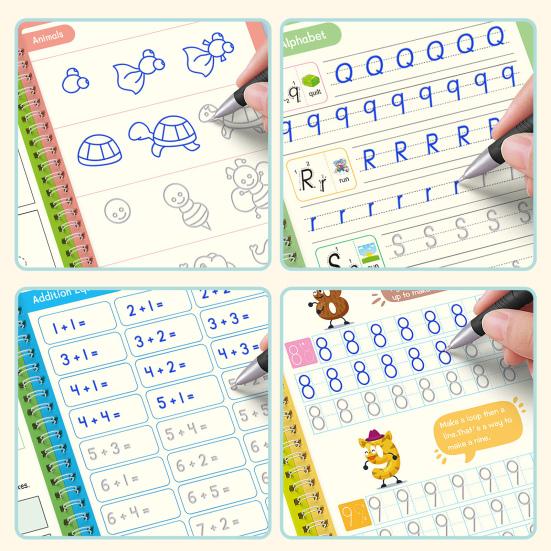 4Pcs Grooved Writing Practice Book with Pens Refills Pencil Gripper Reusable