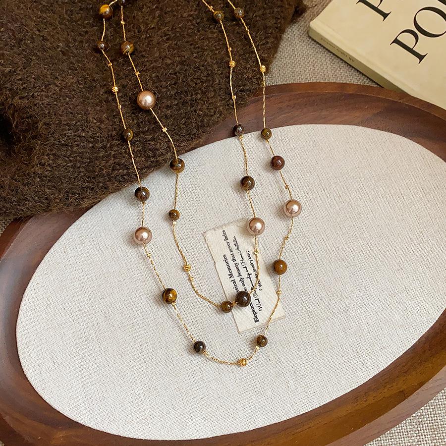 Модное Винтажное Многослойное Ожерелье с Тигровым Глазом и Жемчугом для Женщин Модное Осенне-Зимнее Шарм-Украшение