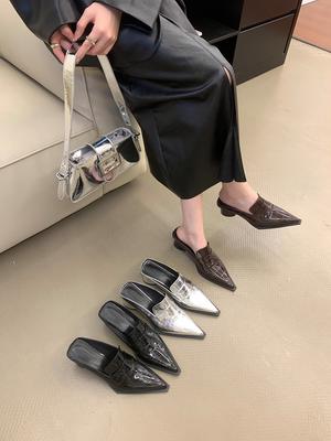 Мода Модные женские тапочки с острым носком Туфли на высоком каблуке Черные Коричневые Серебряные Летние туфли на открытом воздухе Туфли-мюли Женские 35-39