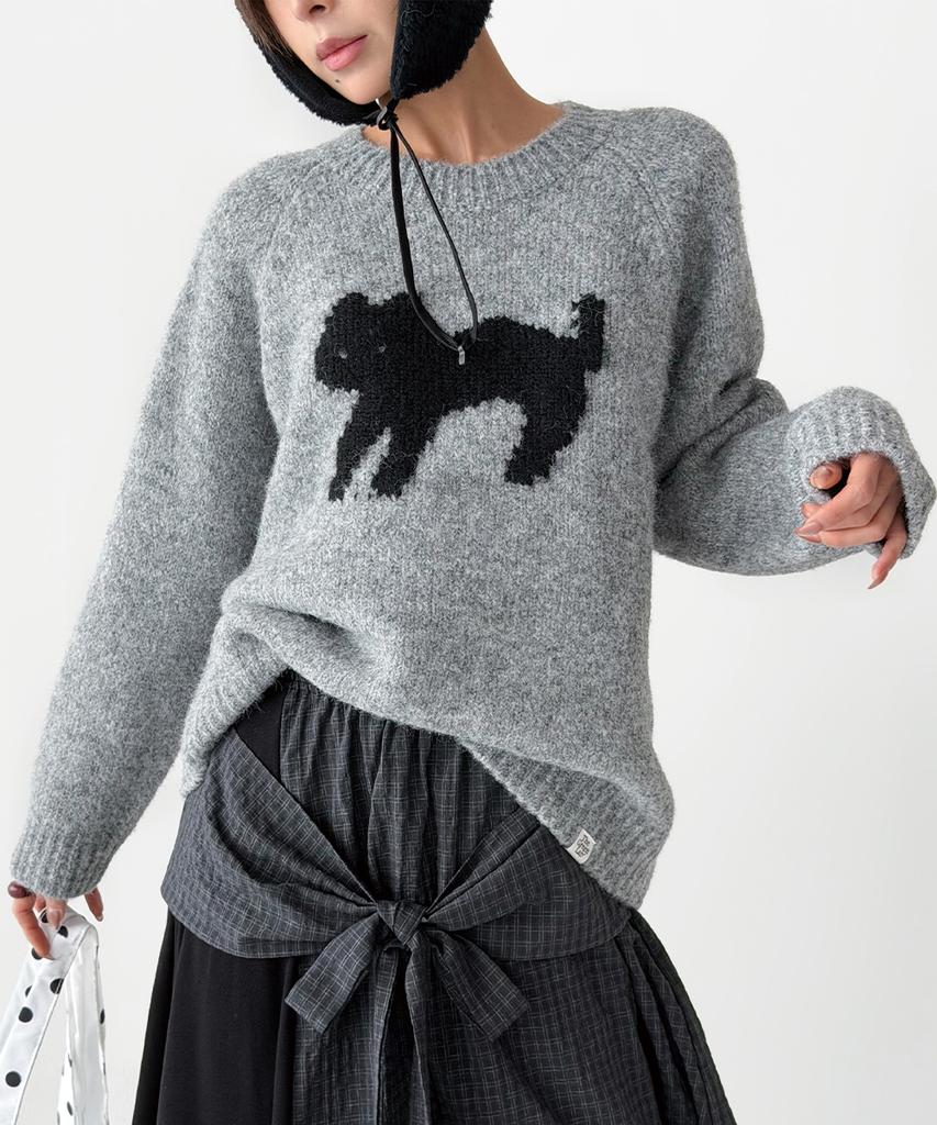 THE GREEN LAB Жаккардовый свитер с кошкой [Серый меланж]