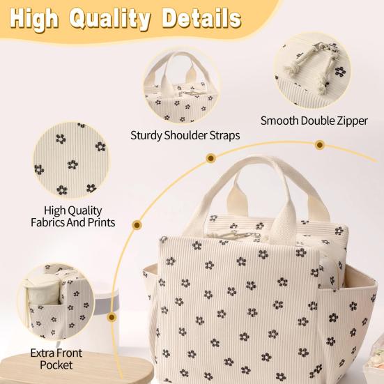 Corduroy Lunch Bag with Handle Waterproof Large Capacity Reusable Insulated Lunch Box Water Bottle Holder with Side Pockets