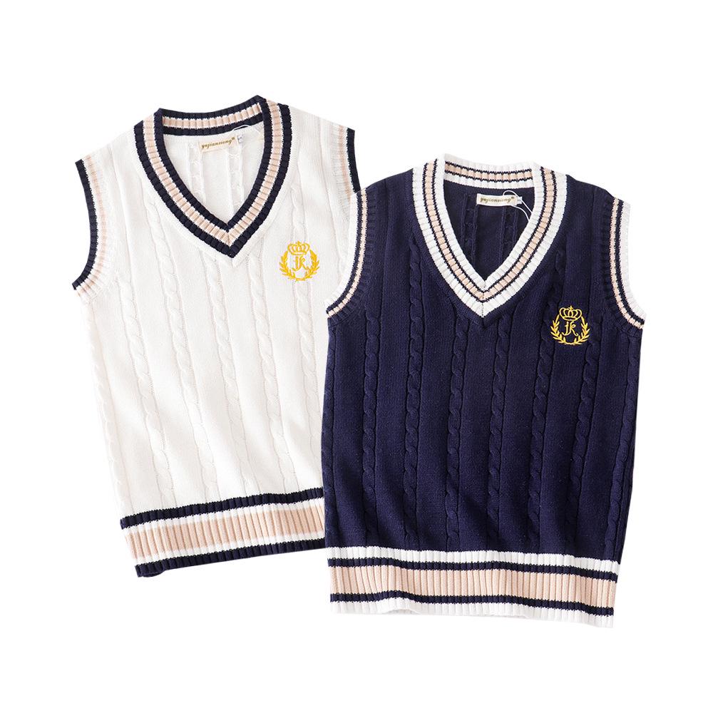 Academy British Style Embroidered V-Neck School Uniform Sweater Vest for Girls - Spring/Autumn