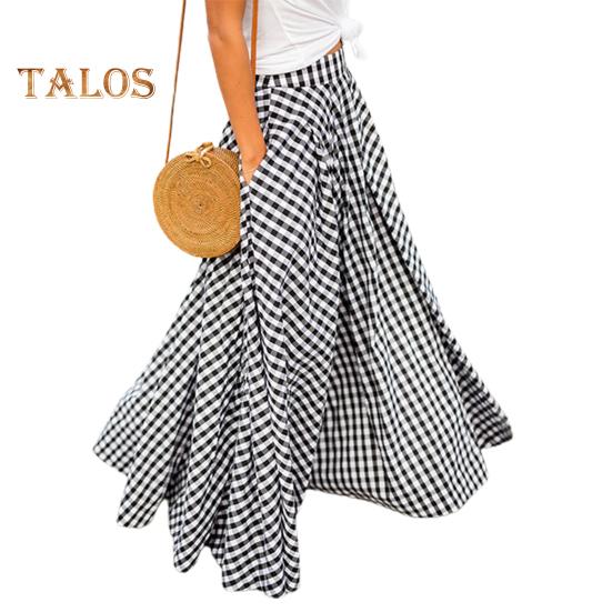 Женская юбка-макси с эластичной высокой талией и клетчатым принтом, юбка-трапеция с карманами, большой подол, ретро-юбка, уличная одежда