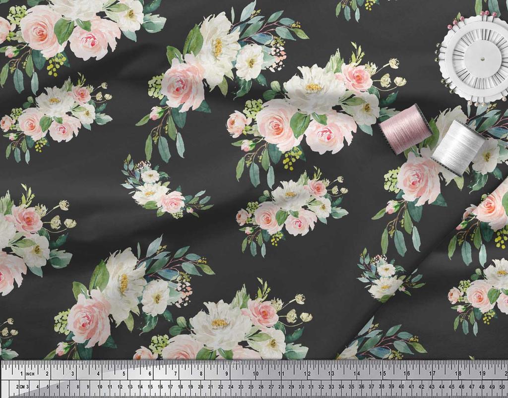 Soimoi Черная полиэфирная ткань для рукоделия с листьями и лютиками с цветочным принтом, 42 дюйма по метрам