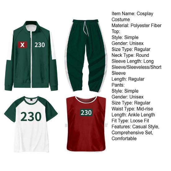 4 шт./компл. Костюм для косплея из сериала «Игра в кальмара», толстовка, куртка, брюки, футболка, жилет, комплект, куртка на молнии, брюки на шнурке, спортивный костюм для косплей-вечеринок, на каждый день