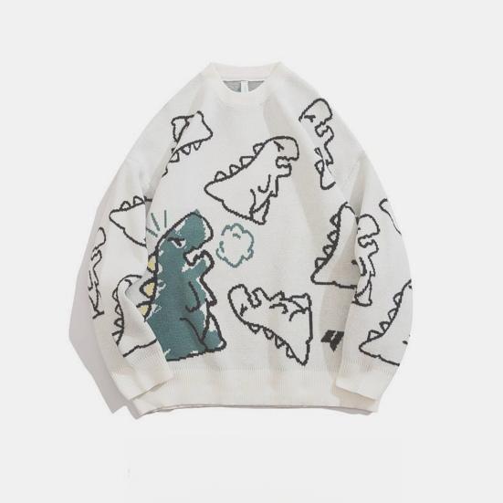Мужской свитер осень-зима с рисунком динозавра, свободный свитер с круглым вырезом и длинными рукавами, в стиле хип-хоп, средней длины, для повседневной носки, работы, школы, улицы