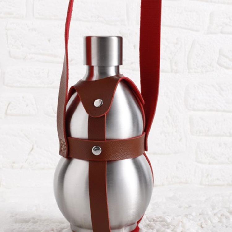 Silver 500ml Stainless Steel Travel Gourd Shape Water Bottle With Practical Carry Leather Strap Whiskeys Liquor Flask