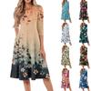 Women's Loose Casual And Fashionable Round Neck Seven Quarter Sleeved Printed Mid Length Dress