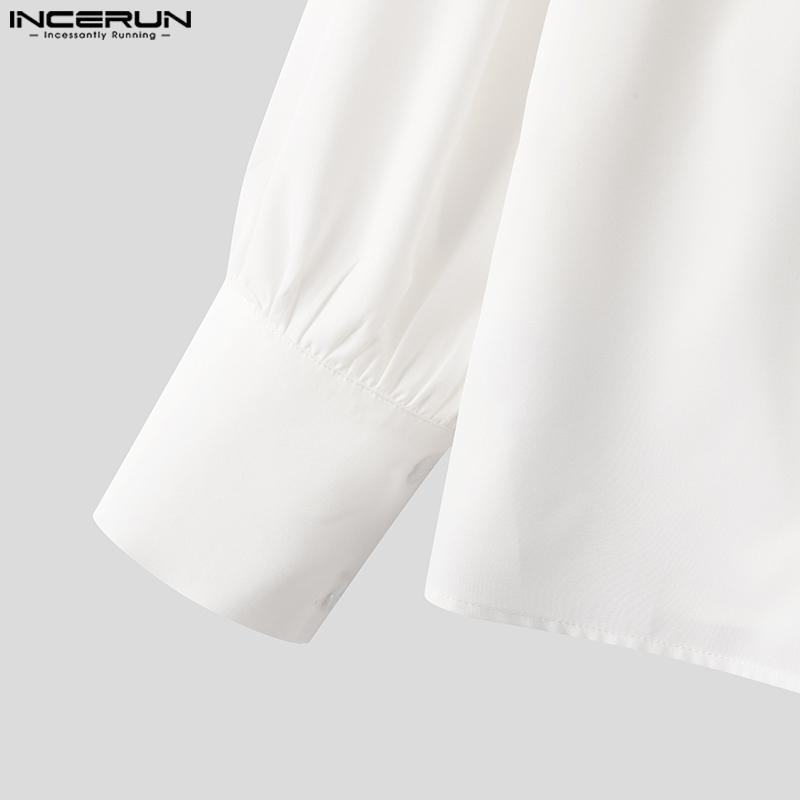 INCERUN Большие размеры Мужские рубашки с глубоким V-образным вырезом, длинными рукавами-фонариками, слегка прозрачными слоями, топы с перекрестными застежками спереди