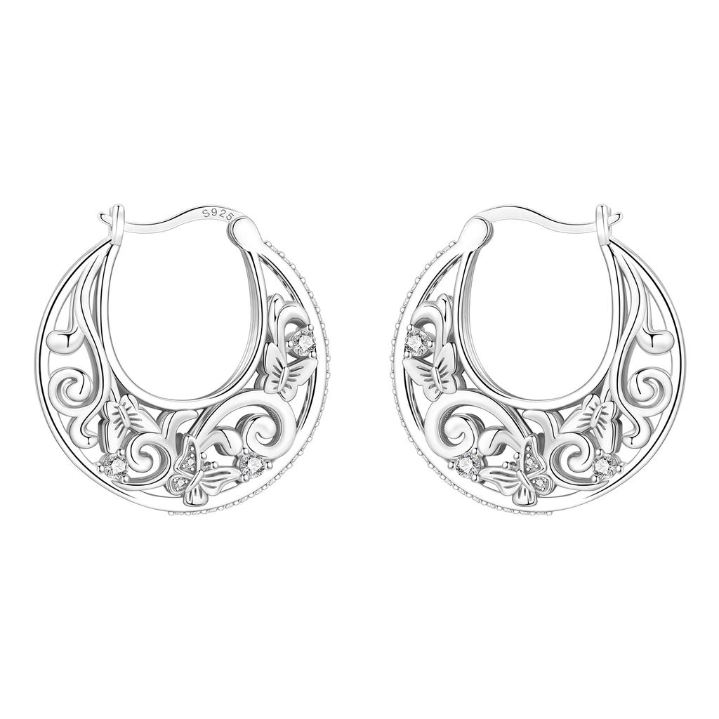 Серьги-кольца из серебра 925 пробы Серия «Пчелы Бабочки Насекомые» с цирконами Женские Украшения Подарки Аксессуары