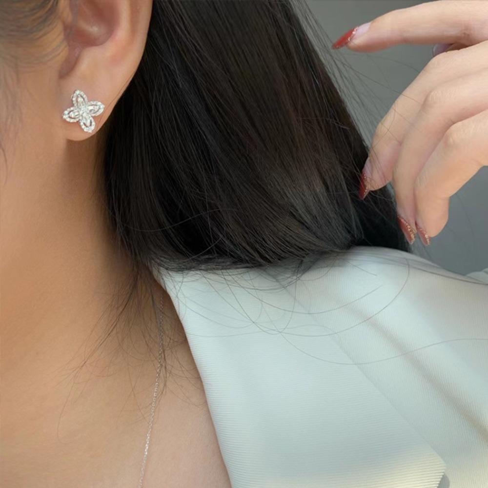 Women Jewelry Set Four Leaf Clover Necklace Diamond Ring Minimalist Stud Earrings
