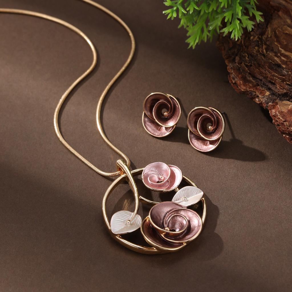 Новый эмалевый цвет полые геометрические серьги-пусеты с розой подвеска набор женская мода ожерелье с розой